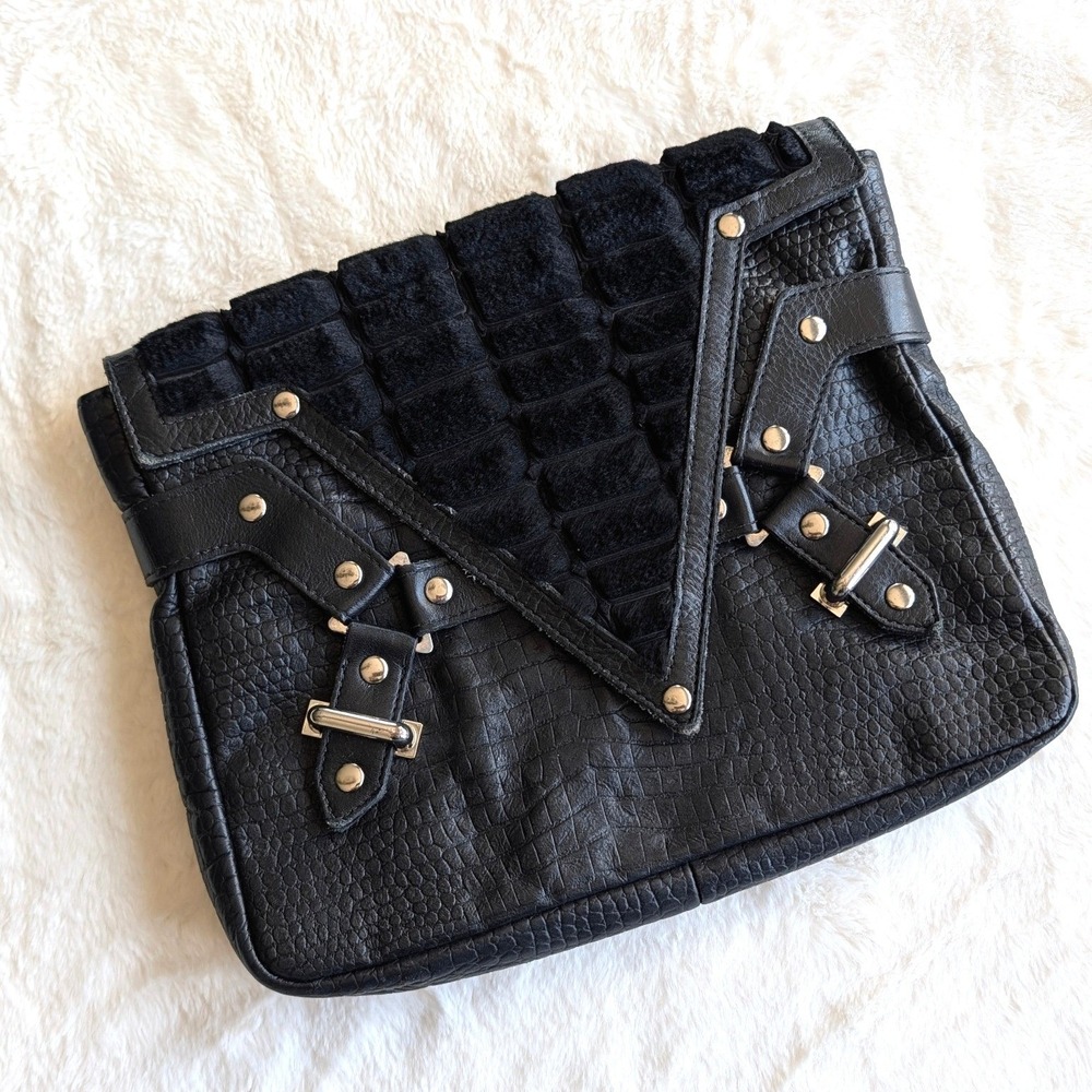 Jack Germain Black Embossed Leather Pony Hair Studded Buckle Clutch Bag